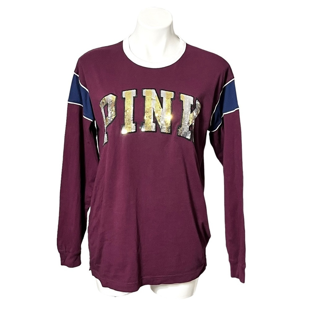 VS Pink Campus Bling Long Sleeve Ringer Tee Size Small Maroon